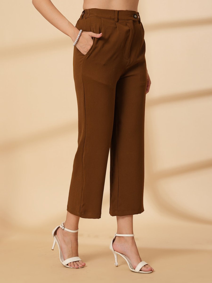 Brown Solid Pleated Trousers