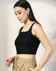 Women Black Solid Square Neck Sleeveless Cotton Top