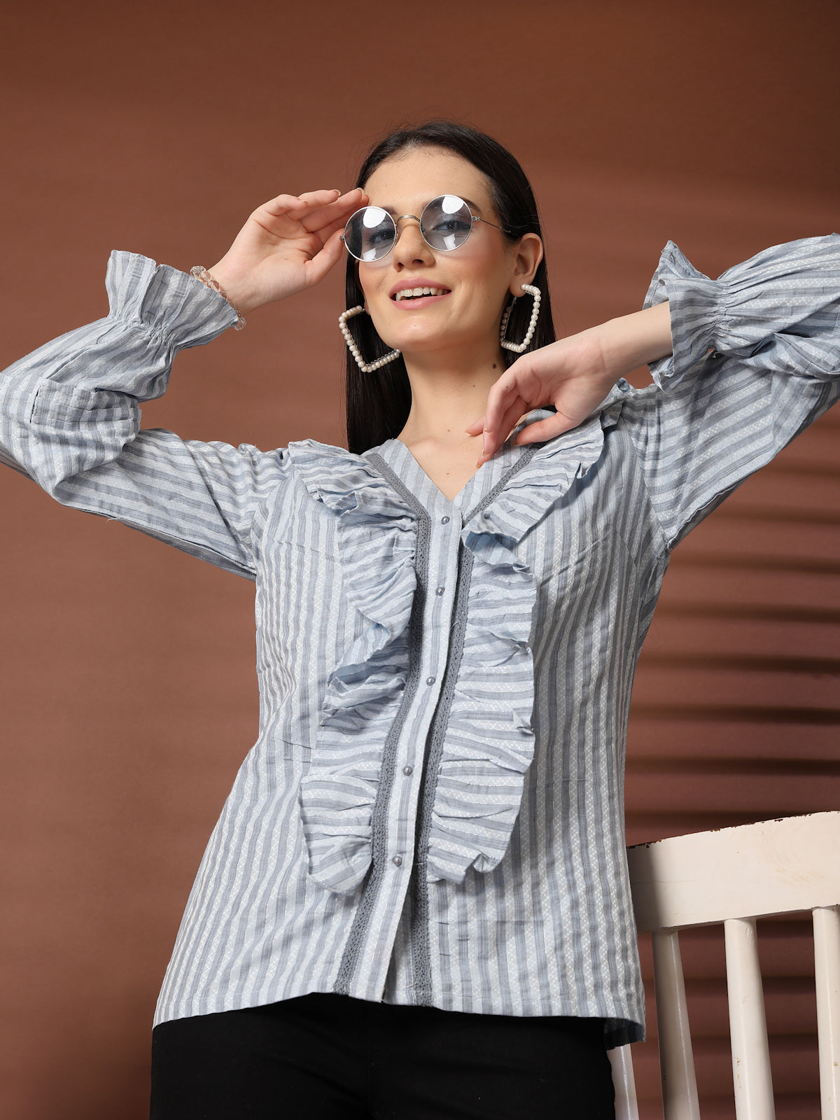 Women Blue Striped Casual Shirt