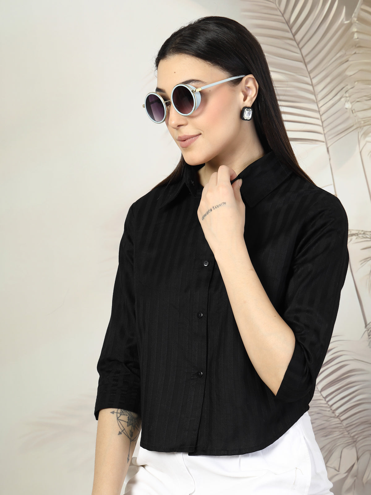 Women Black Solid Shirt Collar 3/4th Sleeve Cotton Top