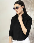 Women Black Solid Shirt Collar 3/4th Sleeve Cotton Top