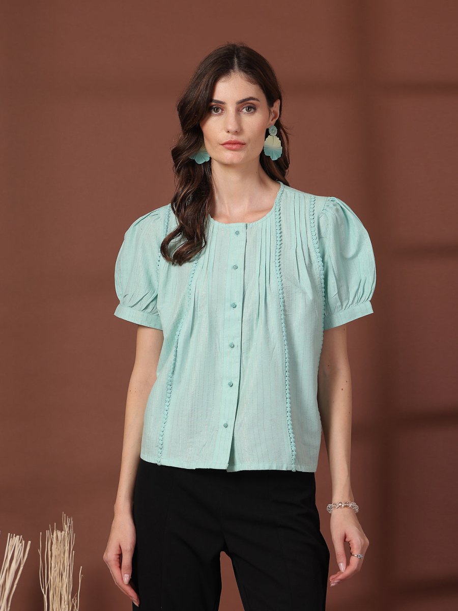 Sea Green Solid Round Neck Top
