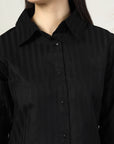 Women Black Solid Shirt Collar 3/4th Sleeve Cotton Top