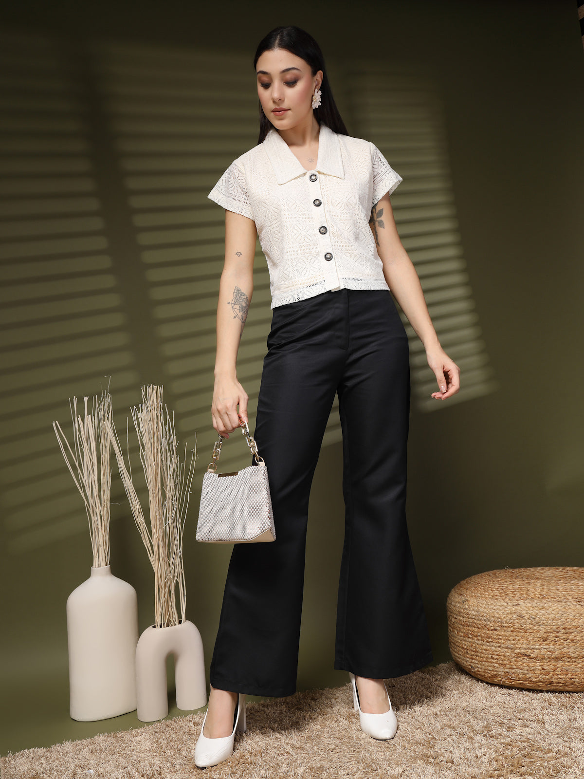 Cream Solid Shirt Collar Cotton Crop Top