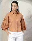 Women Rust Solid Shirt Collar Full Sleeve Cotton Top