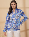 Blue Floral Print Mandarin Collar Bell Sleeve Shirt Style Top