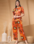 Orange Top Short Sleeves  Women Printed Top With Trouser Co Ords