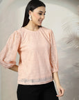 Women Pink Solid Round Neck 3/4th Sleeve Cotton Top