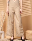 Beige Solid Regular Trousers Women Loose Fit High Rise Trousers