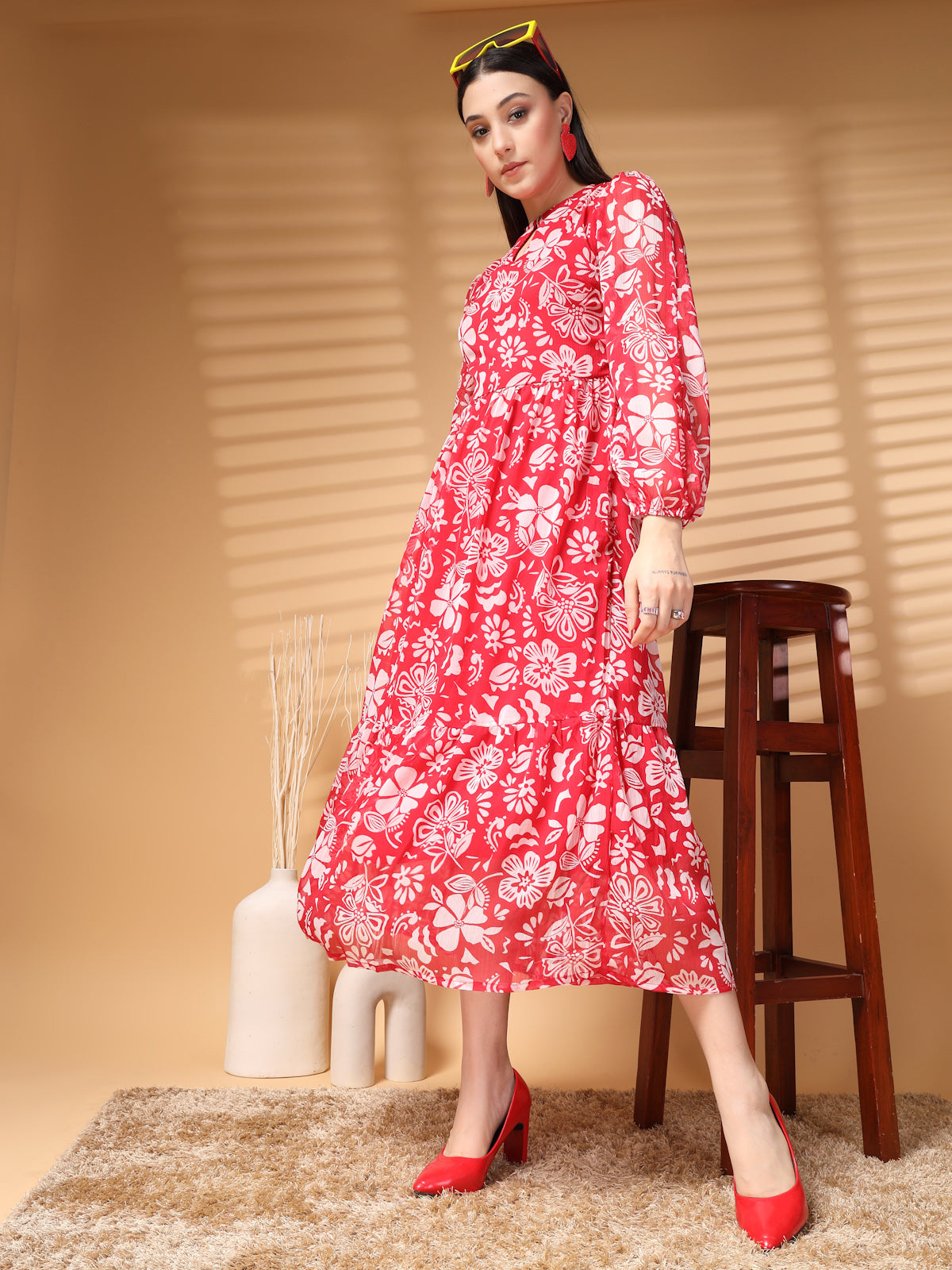 Pink Midi Round Neck Floral Print Puff Sleeve A Line Midi Dress