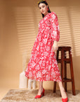 Pink Midi Round Neck Floral Print Puff Sleeve A Line Midi Dress