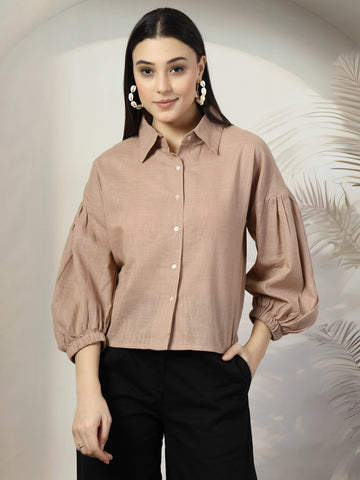 Women Brown Solid Shirt Collar Full Sleeve Cotton Top