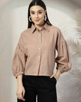 Women Brown Solid Shirt Collar Full Sleeve Cotton Top