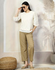 Women Cream Solid Round Neck 3/4th Sleeve Cotton Top