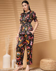 Black Top Short Sleeves  Printed Top & Trouser Co Ords