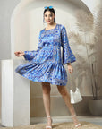 Blue Floral Printed Bell Sleeves Fit & Flare Dress