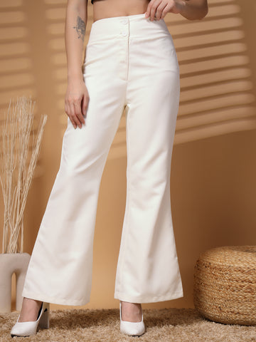 Cream Solid Regular Trousers Women Loose Fit Trousers