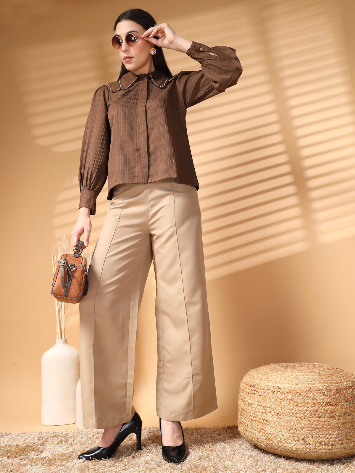 Brown Regular Sleeves Above the Keyboard Collar Women Standard Opaque Casual Shirt