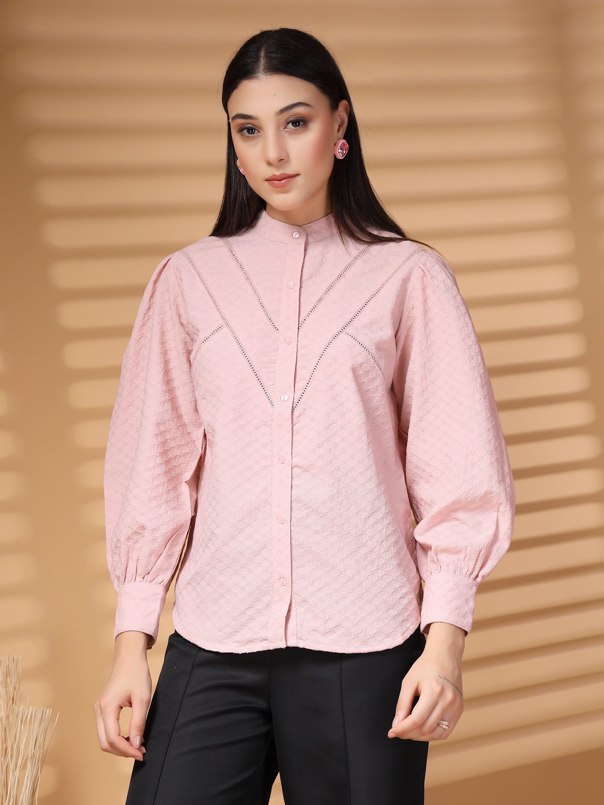 Solid Pink Regular Sleeves Spread Collar Casual Shirt