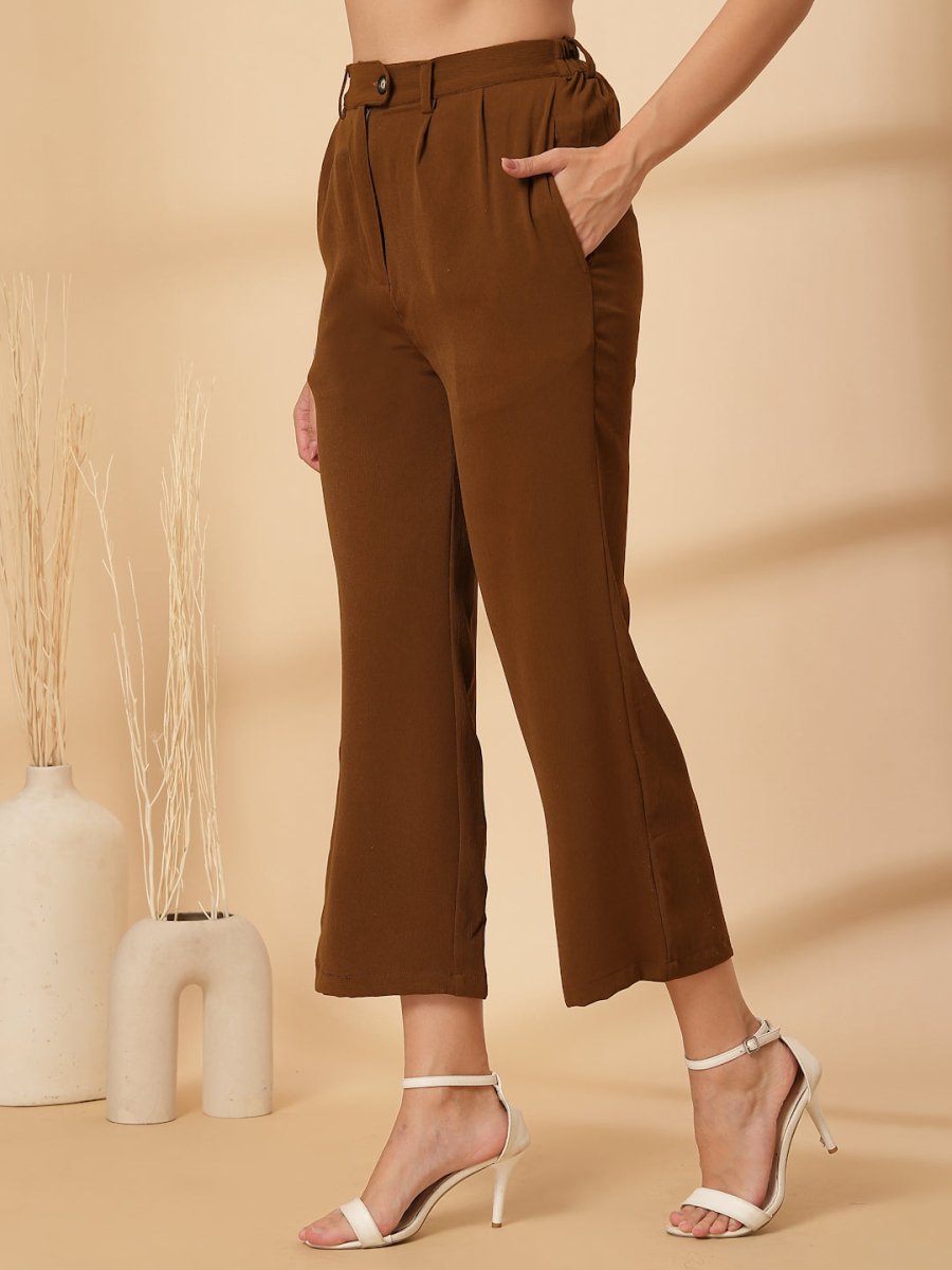 Brown Solid Pleated Trousers