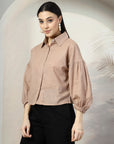 Women Brown Solid Shirt Collar Full Sleeve Cotton Top