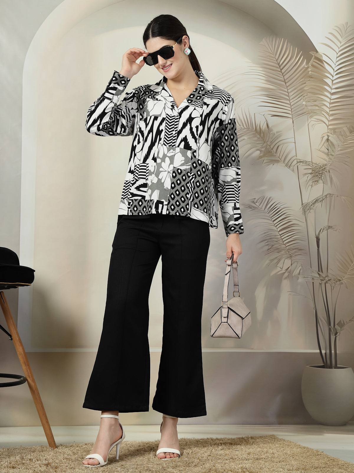 Black Printed opaque Regular Sleeve Casual Buttoned Top