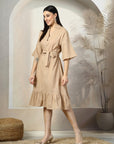 Beige Solid A-Line Midi Dress