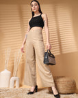 Beige Solid Regular Trousers Women Loose Fit High Rise Trousers