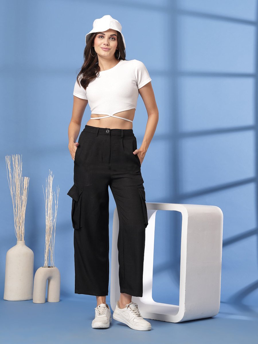 Black Solid Pleated Trousers