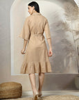 Beige Solid A-Line Midi Dress