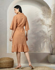 Solid Rust Flared Sleeves Belted Cotton A-Line Dress