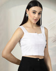 Women White Solid Square Neck Sleeveless Cotton Top