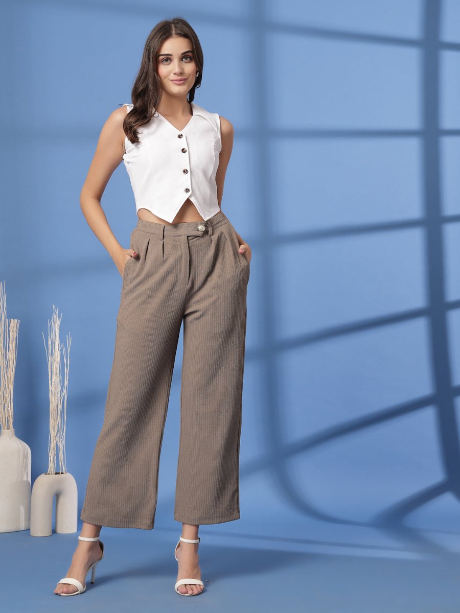 Beige Solid Pleated Trousers