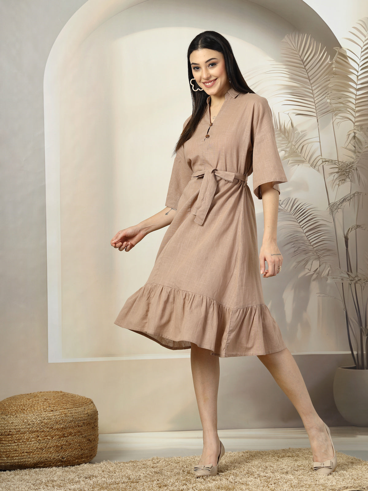 Brown Solid A-Line Midi Dress
