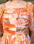 Orange Midi Square Neck Floral Print A Line Midi Dress