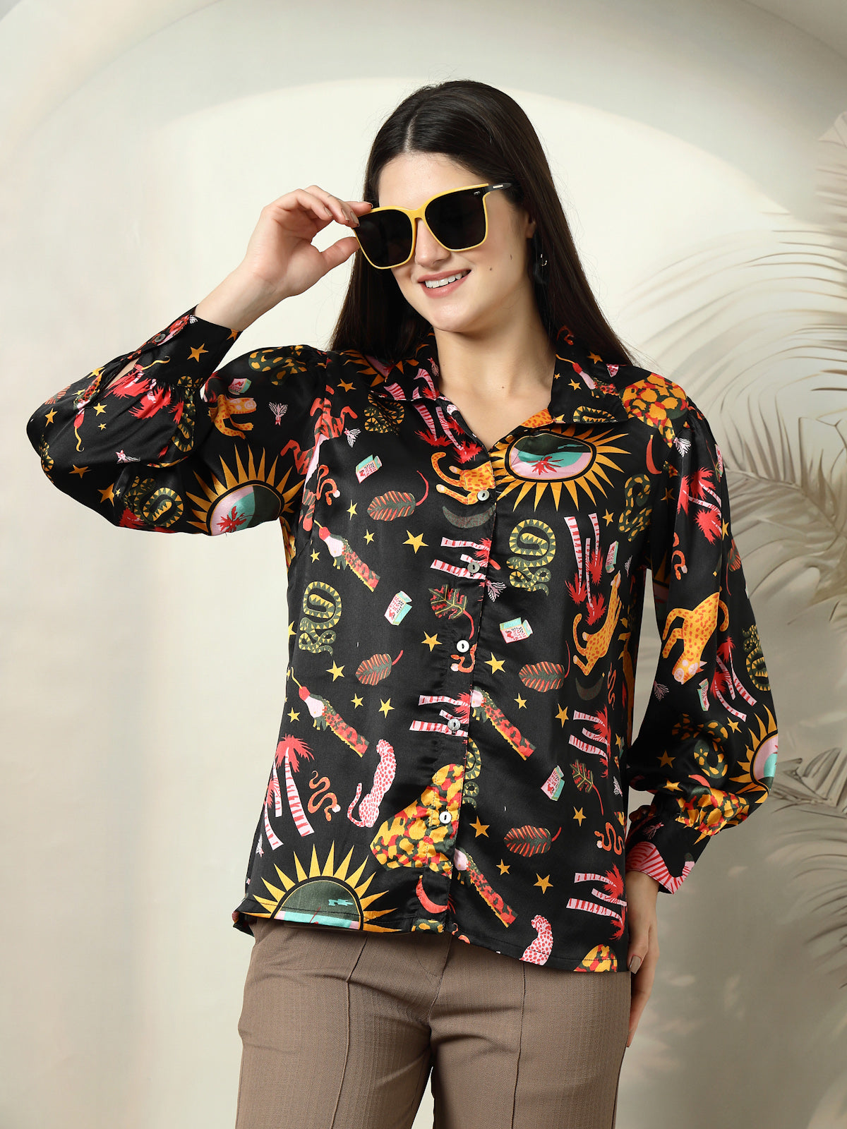 Black floral printed opaque Casual Buttoned Top