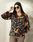 Black floral printed opaque Casual Buttoned Top