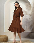 Brown Solid Belted A-Line Midi Dress