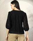 Women Black Solid Round Neck 3/4th Sleeve Cotton Top