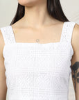 Women White Solid Square Neck Sleeveless Cotton Top