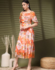 Orange Midi Square Neck Floral Print A Line Midi Dress