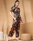 Black Top Short Sleeves  Printed Top & Trouser Co Ords