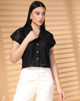 Black Solid Shirt Collar Cotton Crop Top