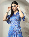Blue Floral Printed A-Line Wrap Midi Dress