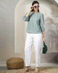 Women Sea Green Solid Round Neck Cotton Top