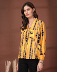 Print Mandarin Collar Puff Sleeve Cotton Top