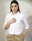 Women White Solid Shirt Collar 3/4th Sleeve Cotton Top