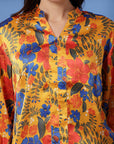 Mustard Floral Print Mandarin Collar Bell Sleeve Shirt Style Top