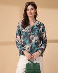 Print Mandarin Collar Puff Sleeve Cotton Top