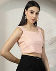 Women Pink Solid Square Neck Sleeveless Cotton Top